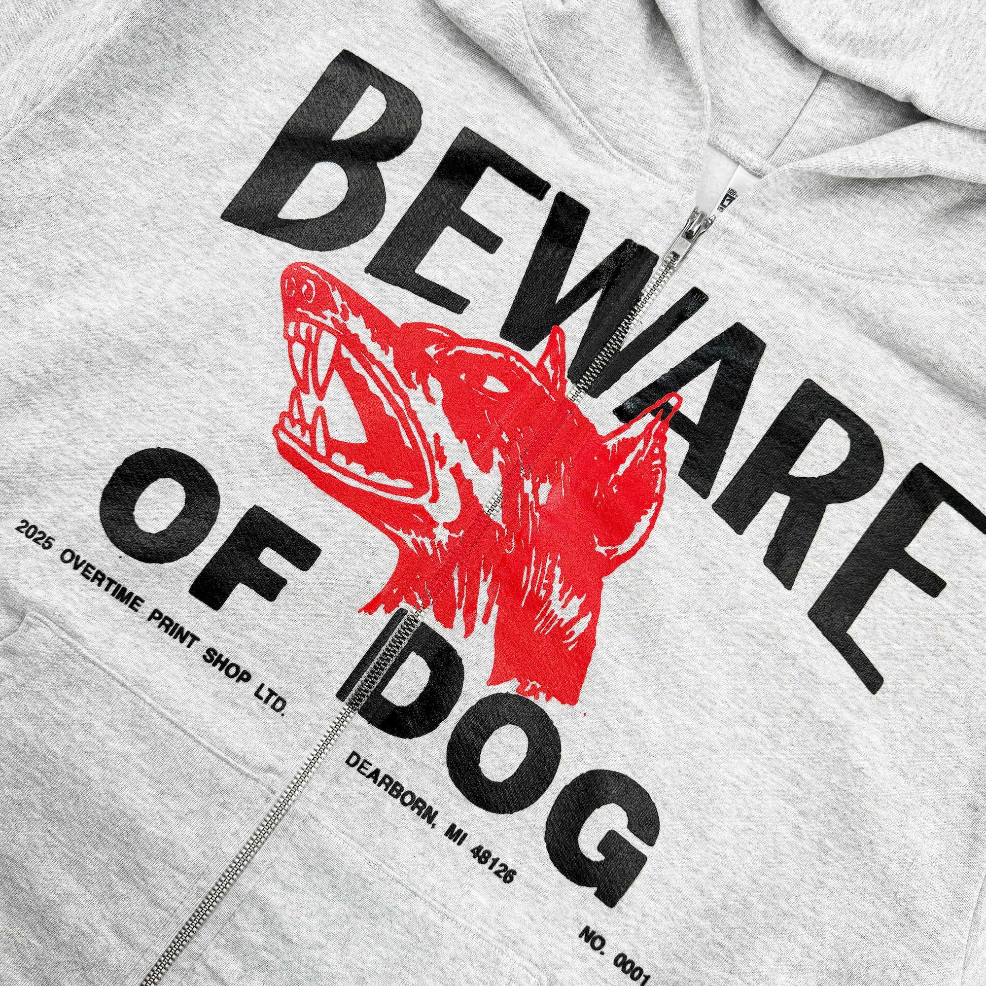 BEWARE OF DOG ZIP-UP HOODIE (GREY)