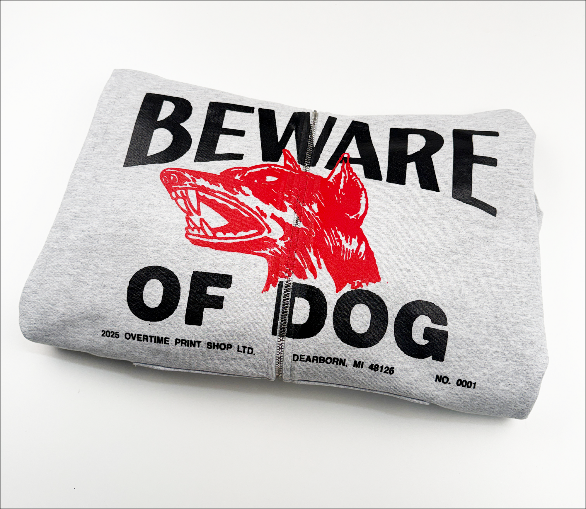 BEWARE OF DOG ZIP-UP HOODIE (GREY)